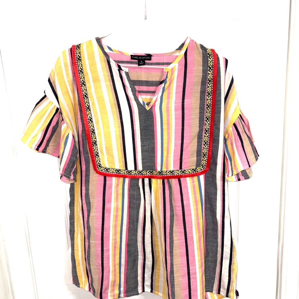 Colorful Striped Blouse with Embroidered Neckline